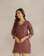Maroon Cotton Silk Hand Block Printed Slim Fit Short Kurta