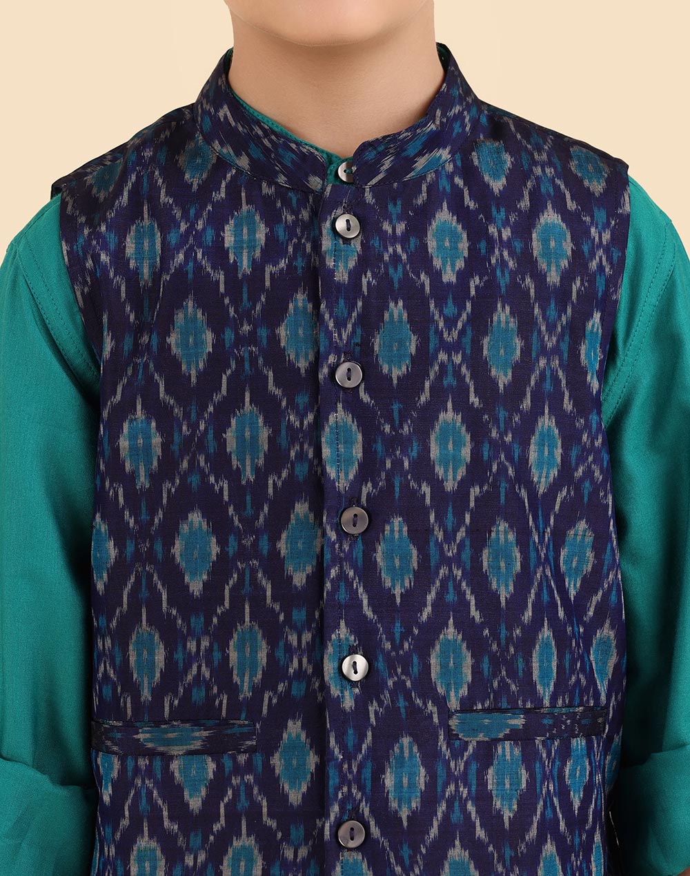Teal Viscose Blend Ikat 2pc Kurta Set