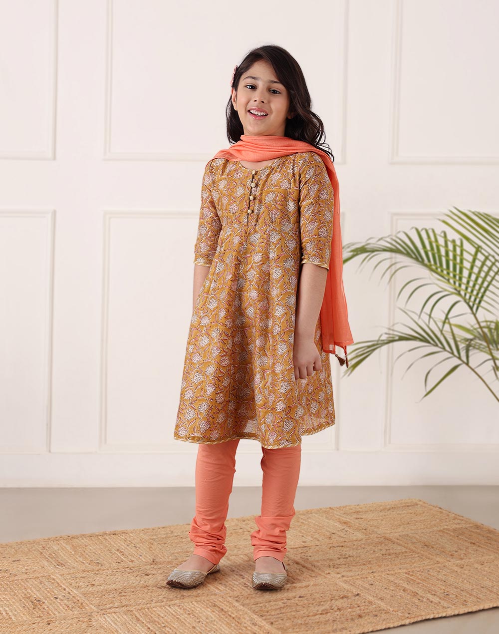Mustard Cotton Silk Blend Hand Block Printed 3pc Churidar Set