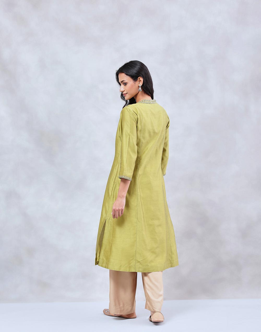 Green Cotton Silk Hand Embroidered Slim Fit Long Kurta