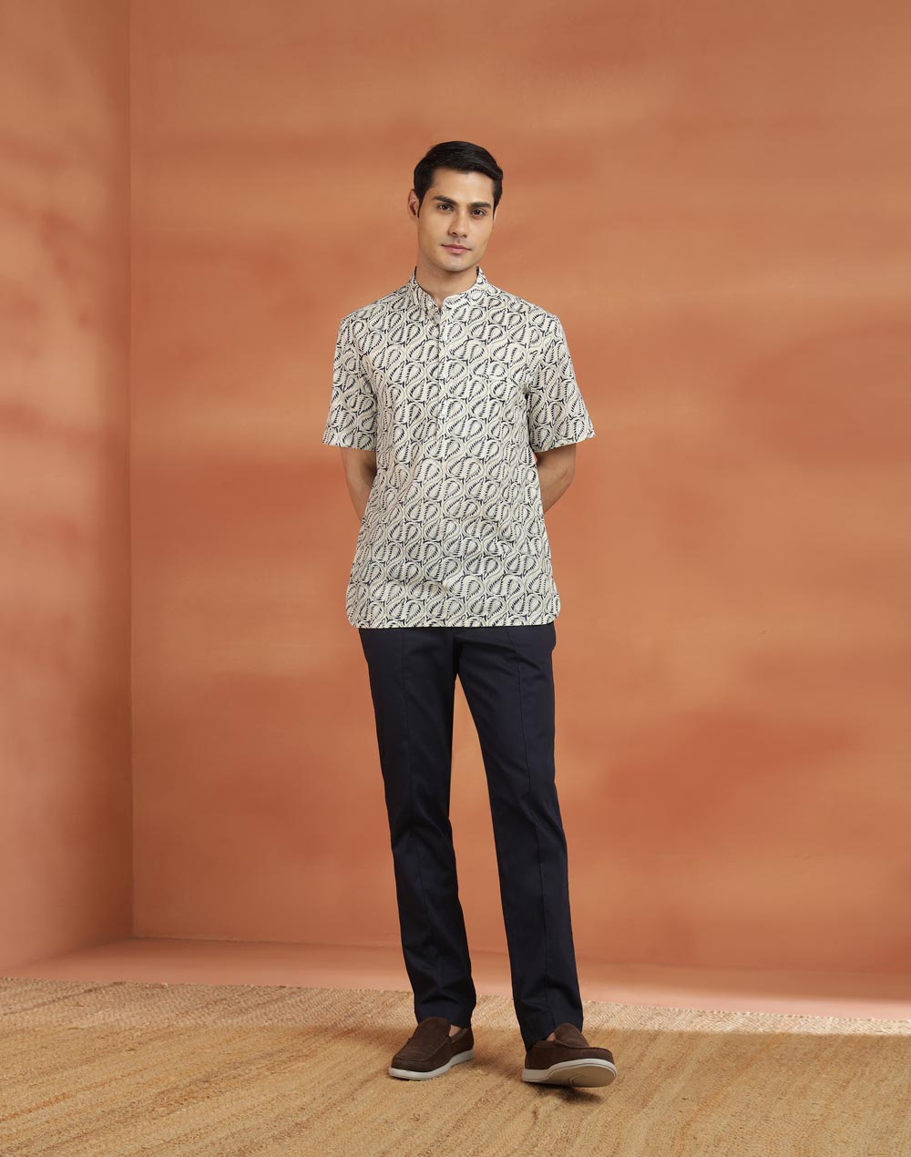 Blue Cotton Hand Block Printed Slim Fit Mid Placket Shirt