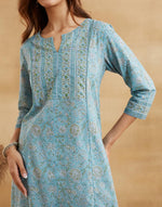 Teal Cotton Hand Block Printed Long Kurta