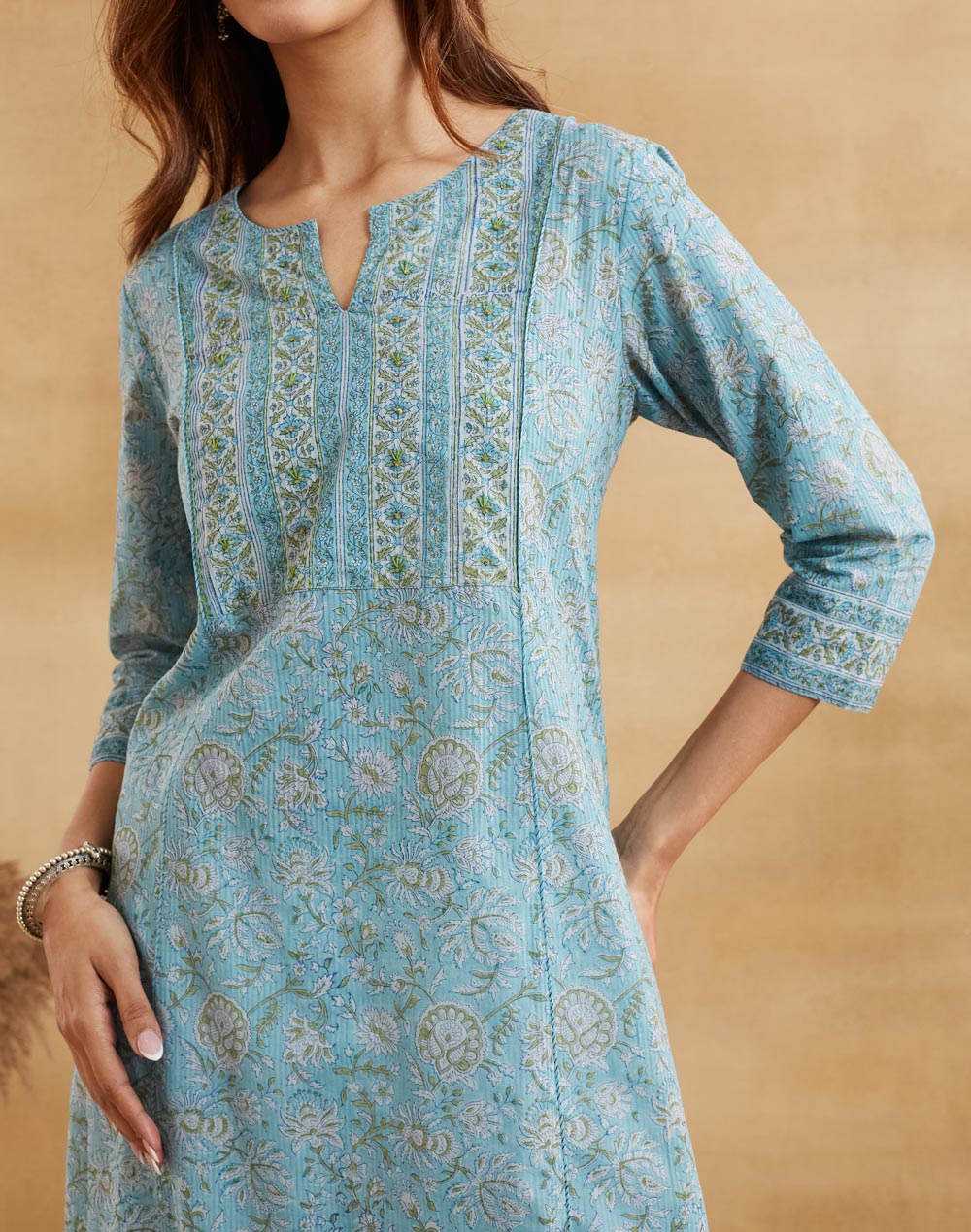 Teal Cotton Hand Block Printed Long Kurta