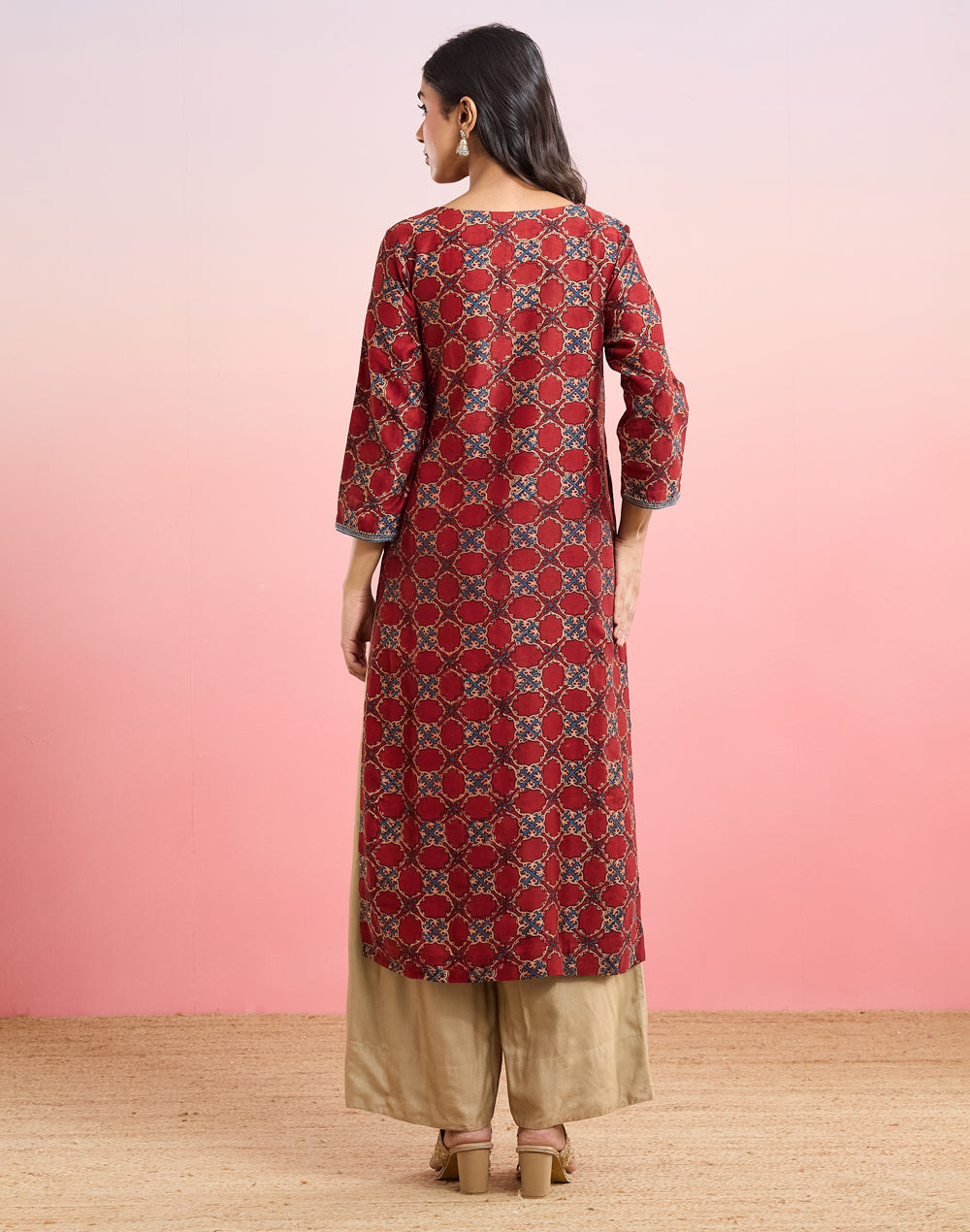 Maroon Cotton Silk Ajrakh Printed Long Kurta