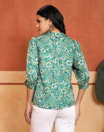 Green Block Print Floral Top with shirt collar and three-quarter sleeves