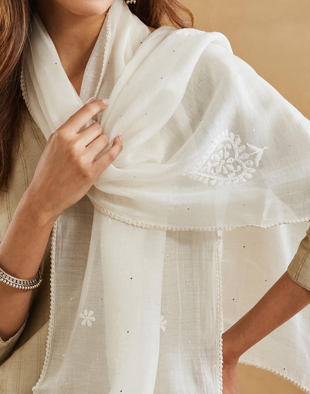 Natural Cotton Silk Chikankari Stole