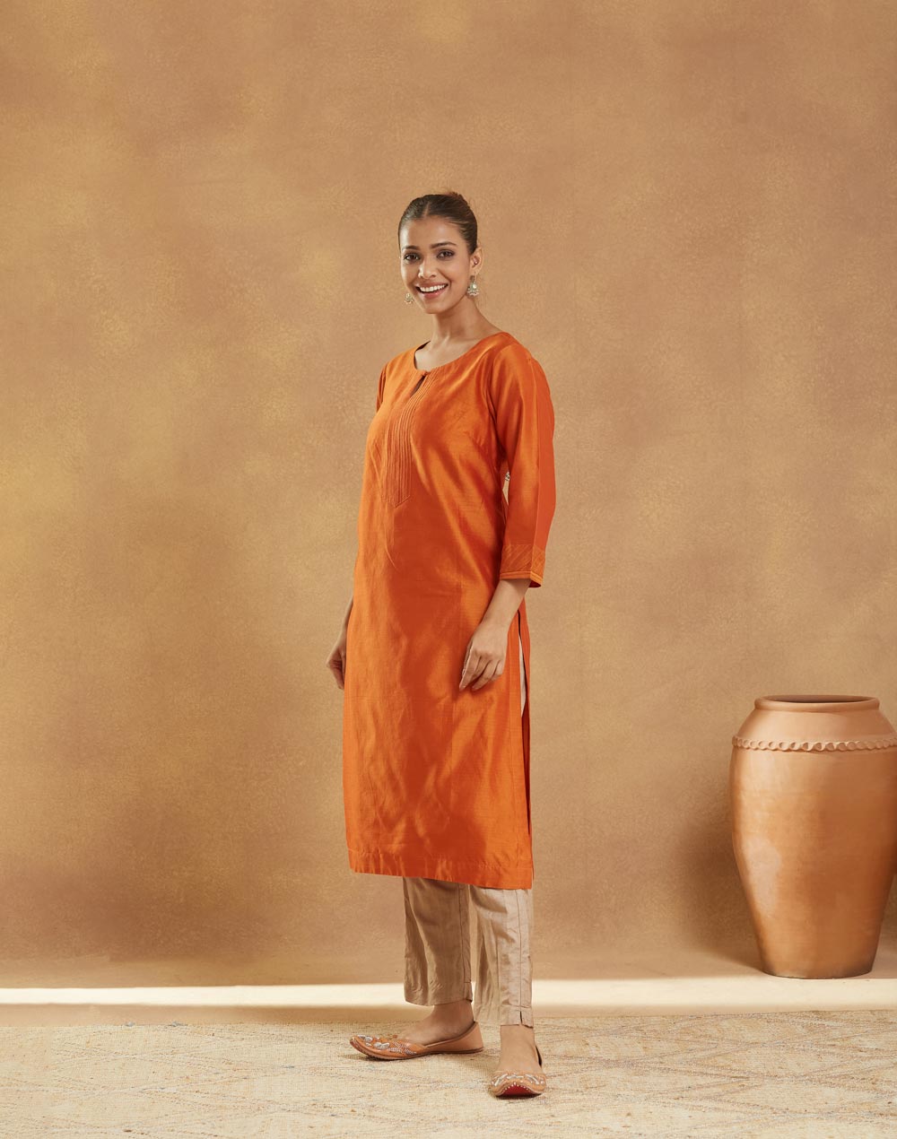 Orange Cotton Silk Long Kurta