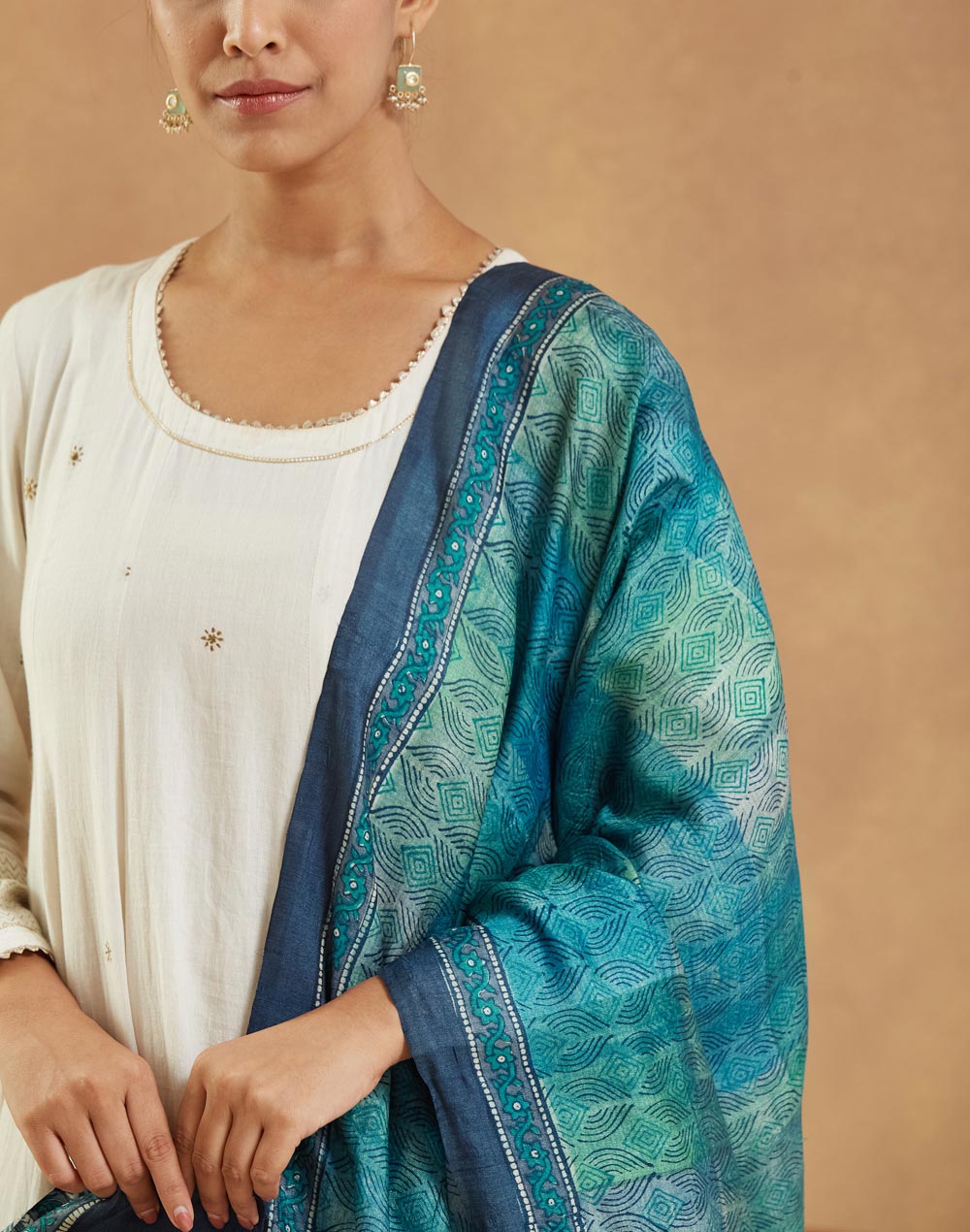 Navy Silk Hand Block Printed Dupatta