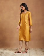Mustard Viscose Silk Embroidered Knee Length Kurta