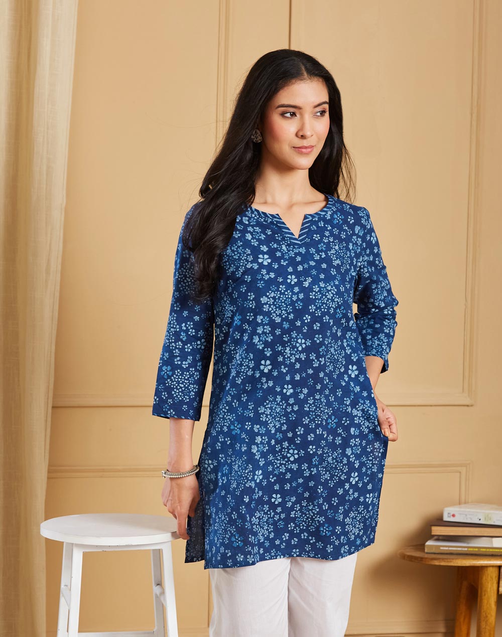 Indigo Cotton Bagru Printed Short Kurta