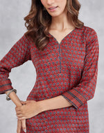 Maroon Viscose Blend Ajrakh Printed Slim Fit Short Kurta