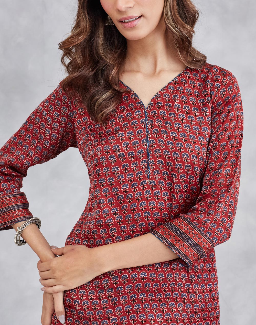 Maroon Viscose Blend Ajrakh Printed Slim Fit Short Kurta
