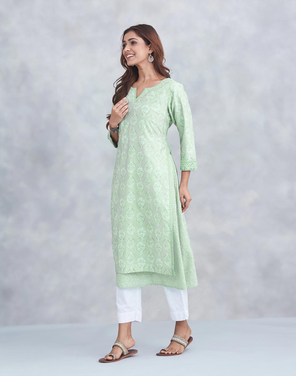 Green Cotton Silk Long Kurta