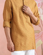 Mustard Viscose Silk Block Print Short Kurta for Men with artisan hand block printing