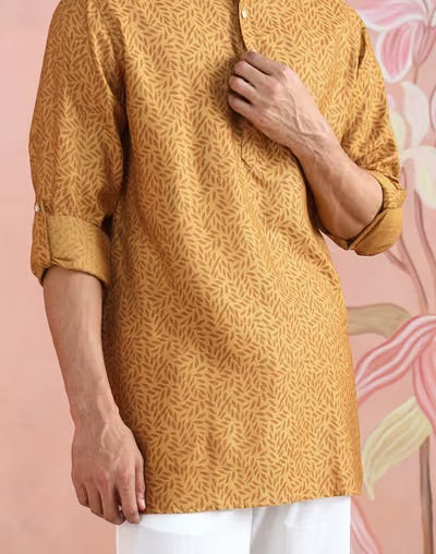 Mustard Viscose Silk Block Print Short Kurta for Men with artisan hand block printing