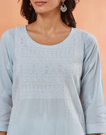 Light Blue Cotton Chikankari Knee Length Kurta