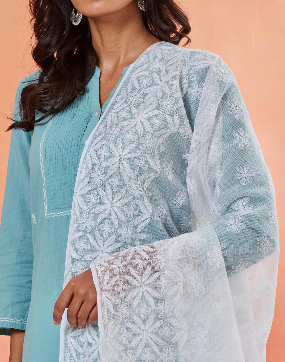White Cotton Silk Blend Chikankari Dupatta