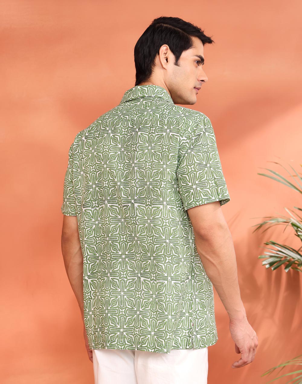 Green Cotton Hand Block Printed Bush Shirt