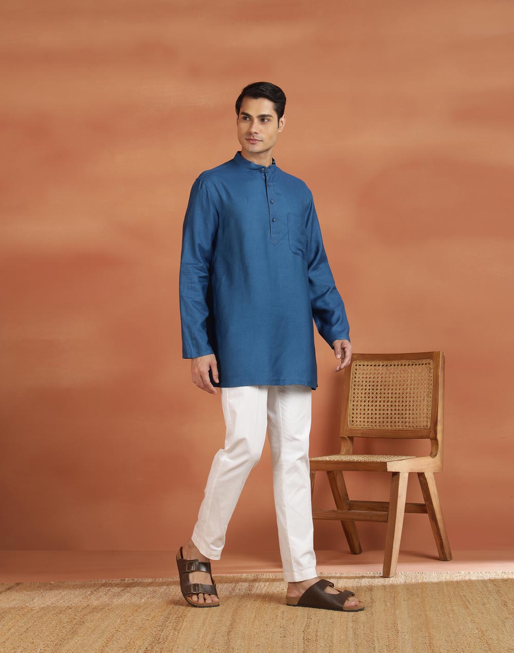 Blue Viscose Silk Short Kurta