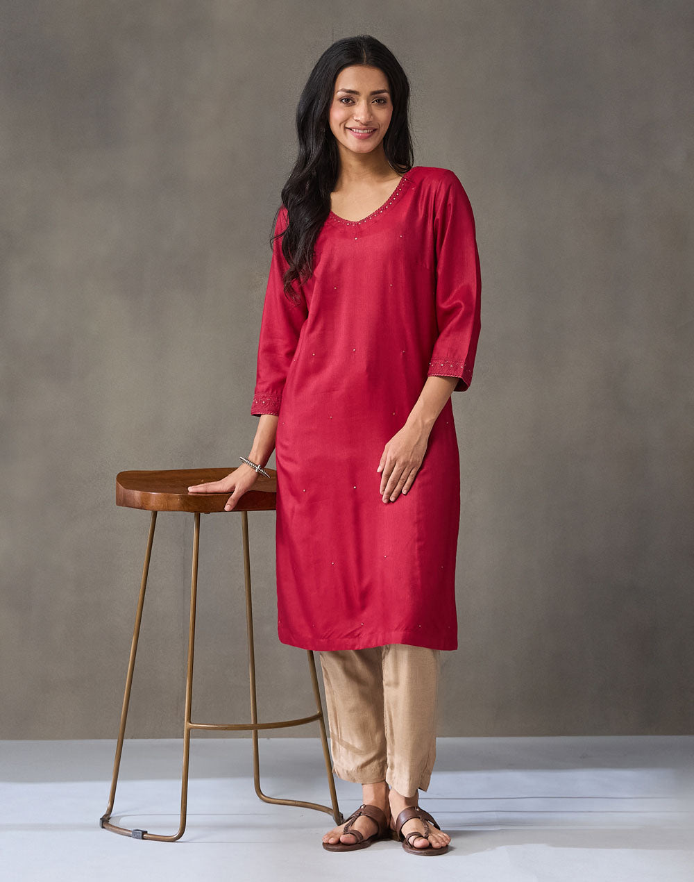 Maroon Viscose Silk Embroidered Long Kurta