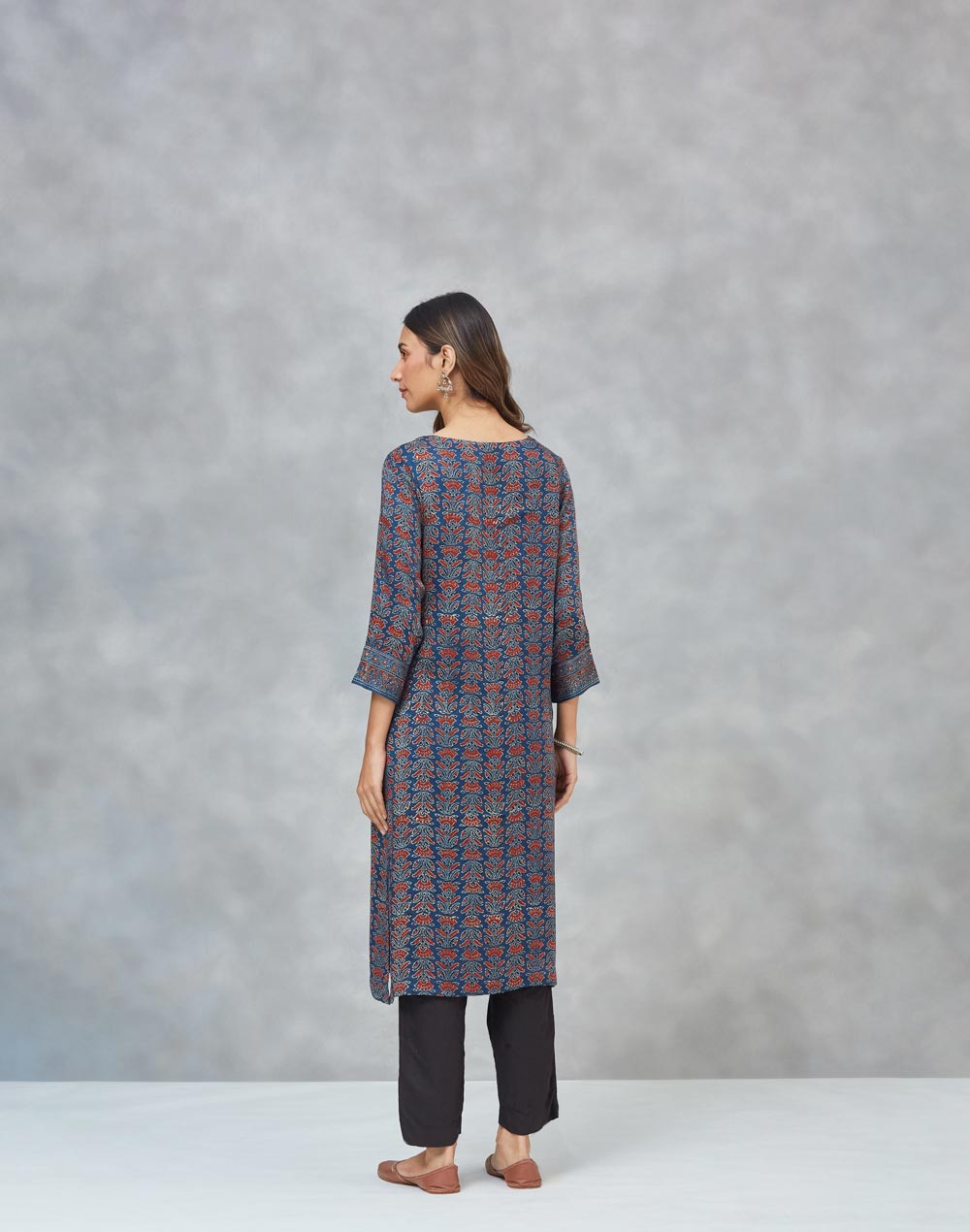 Indigo Viscose Blend Ajrakh Printed Long Kurta
