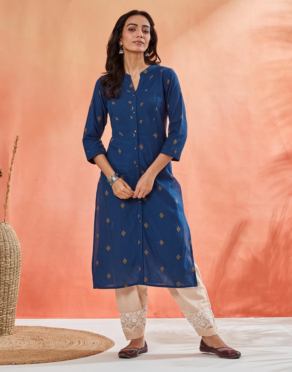 Teal Cotton Slim Fit Long Kurta