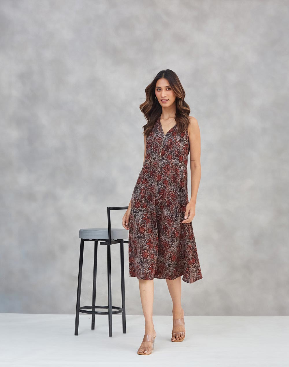 Black Rayon Blend Ajrakh Short Dress