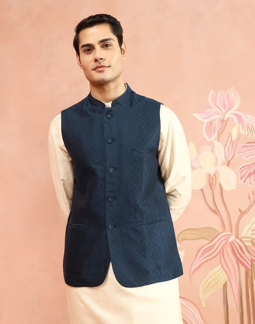 Viscose silk fabric detail on the Blue Nehru Jacket