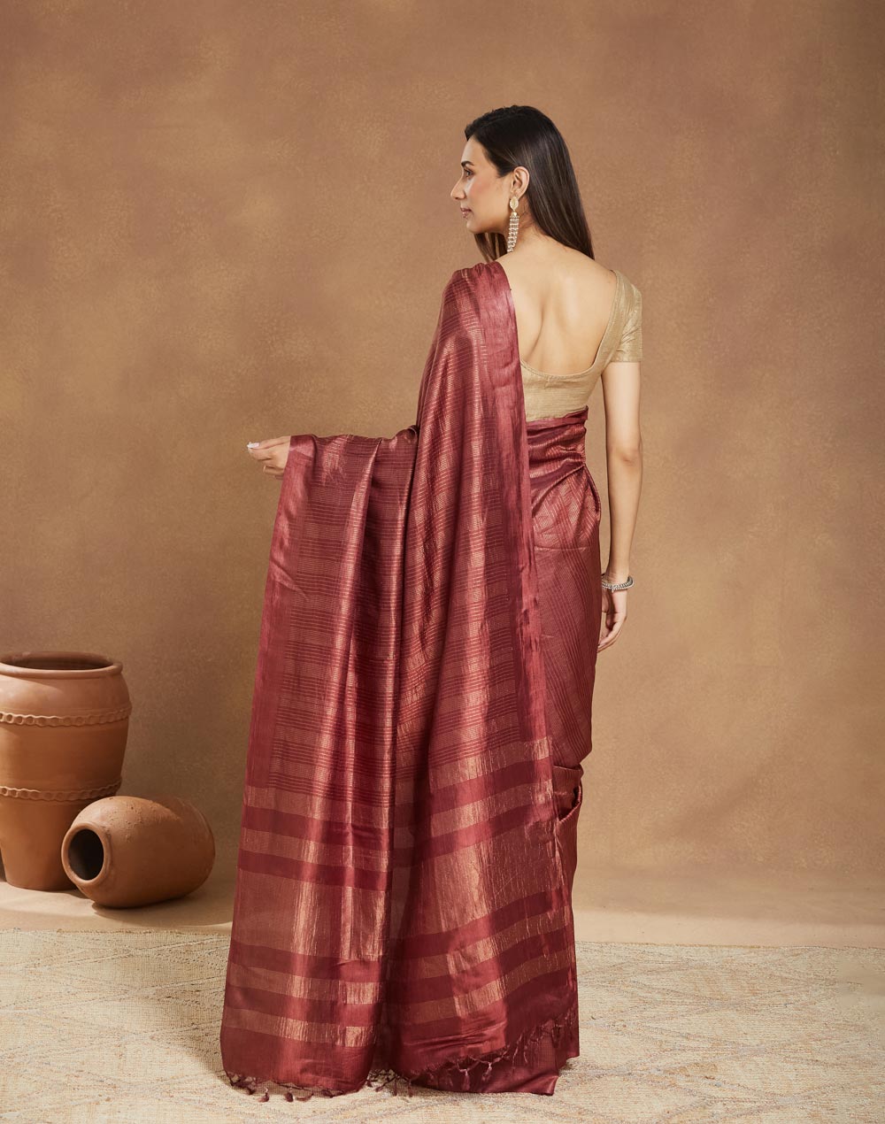 Wine Viscose Silk Blend Sari
