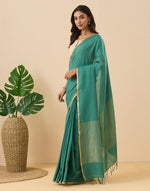 Teal Linen Blend Hand Woven Sari