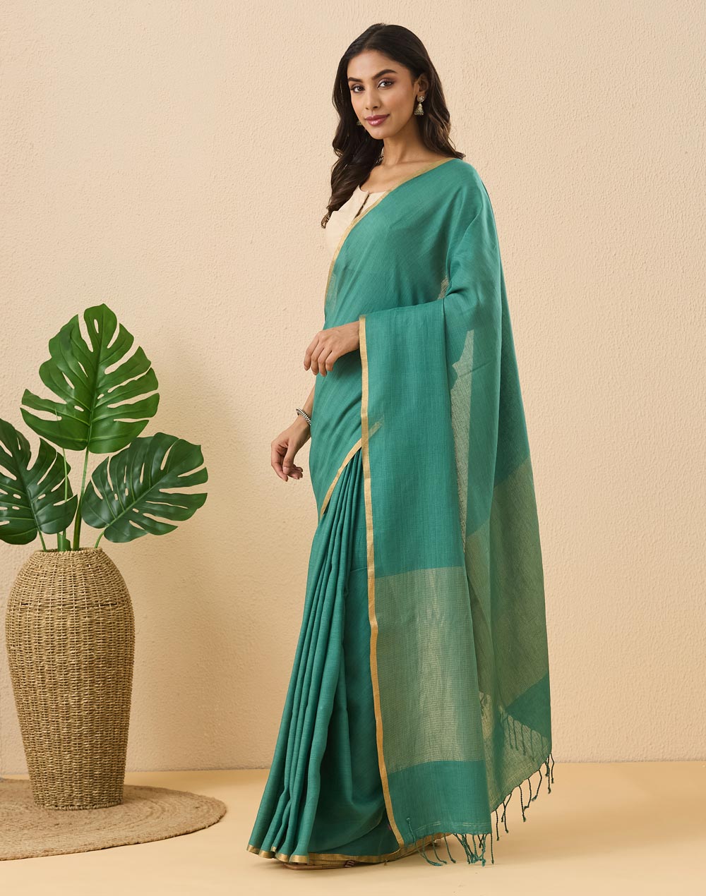 Teal Linen Blend Hand Woven Sari