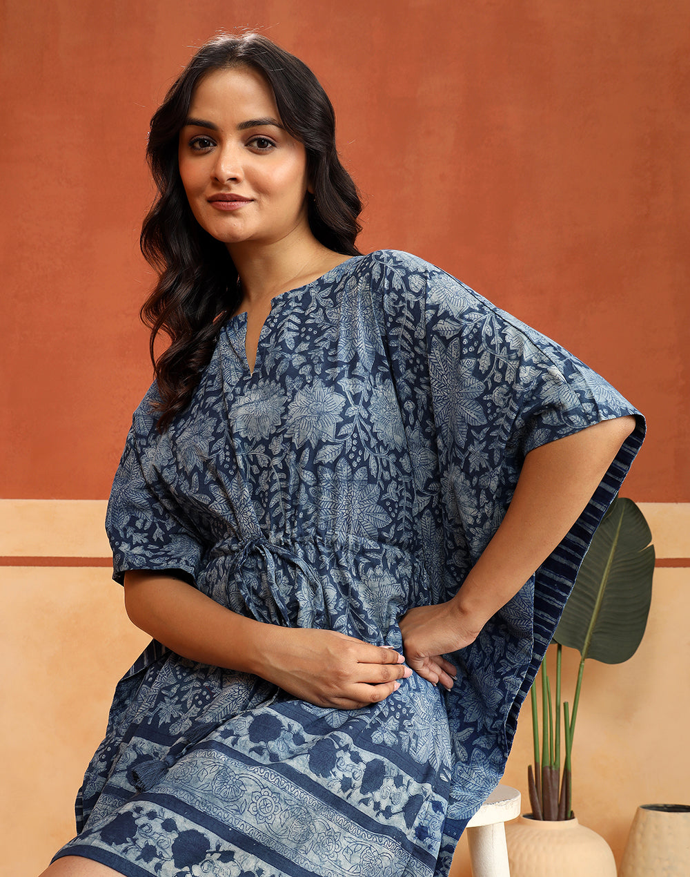 Indigo Cotton Dabu Printed Kaftan