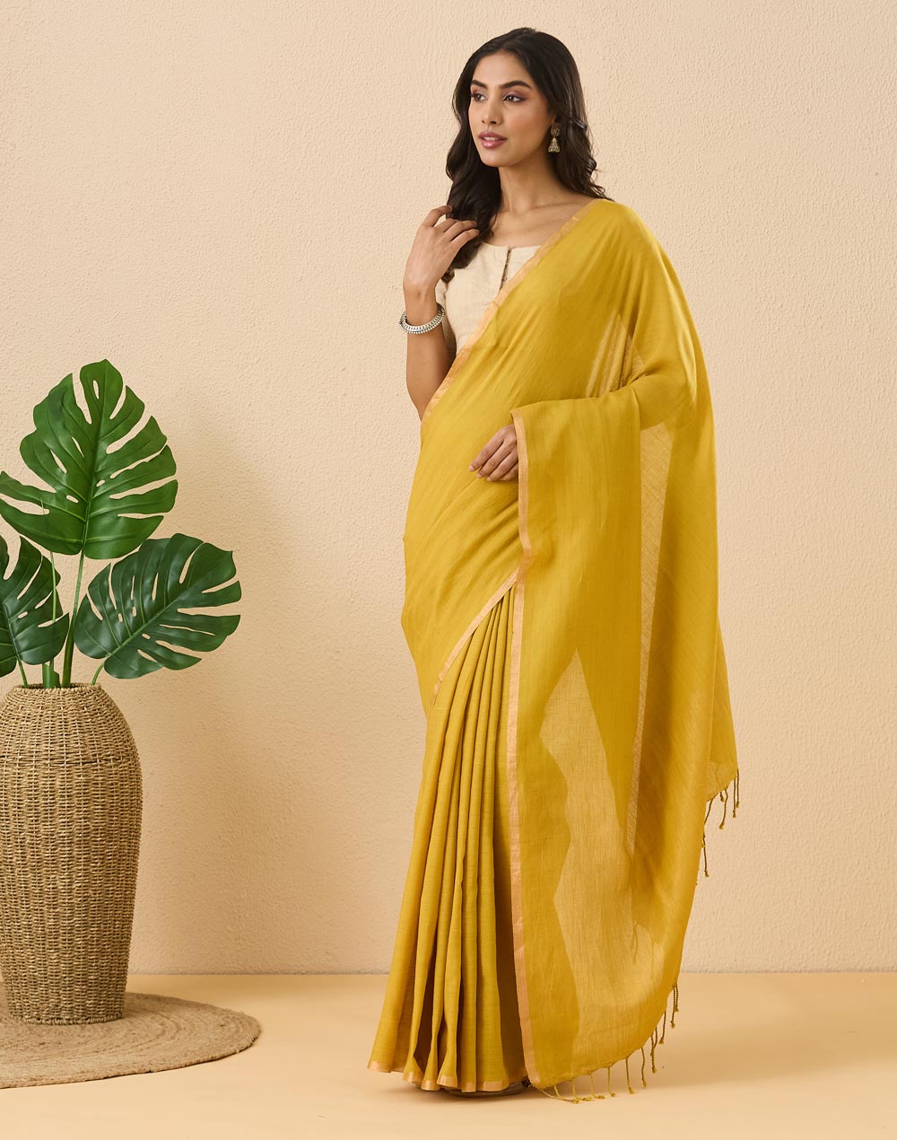 Green Linen Blend Hand Woven Sari