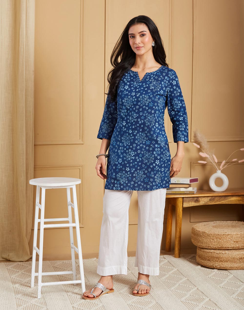 Indigo Cotton Bagru Printed Short Kurta