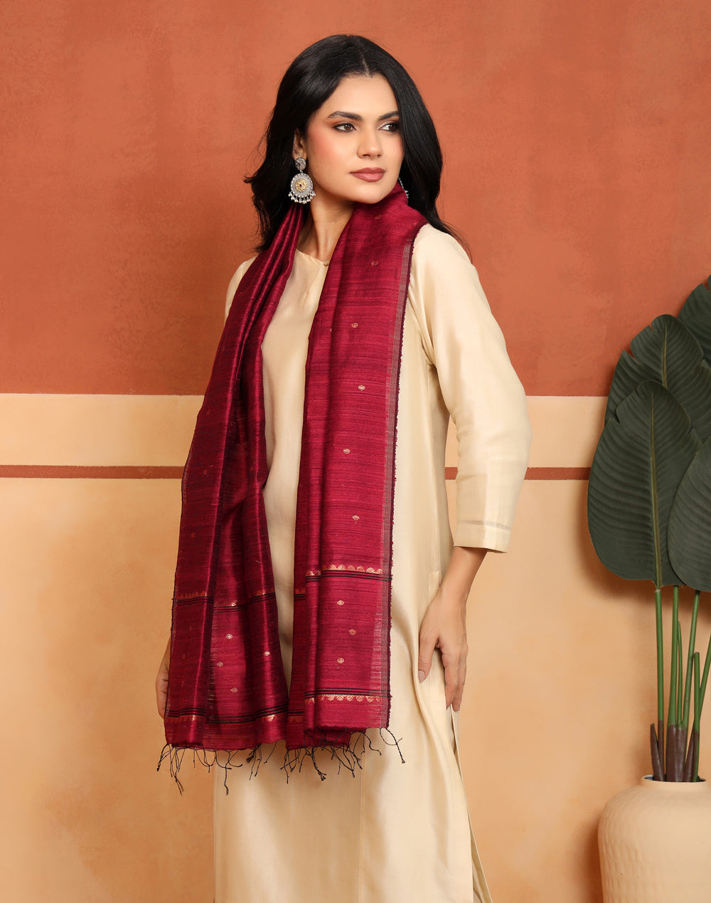 Maroon Silk Blend Hand Woven Stole