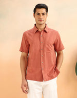 Orange Cotton Blend Striped Bush Shirt
