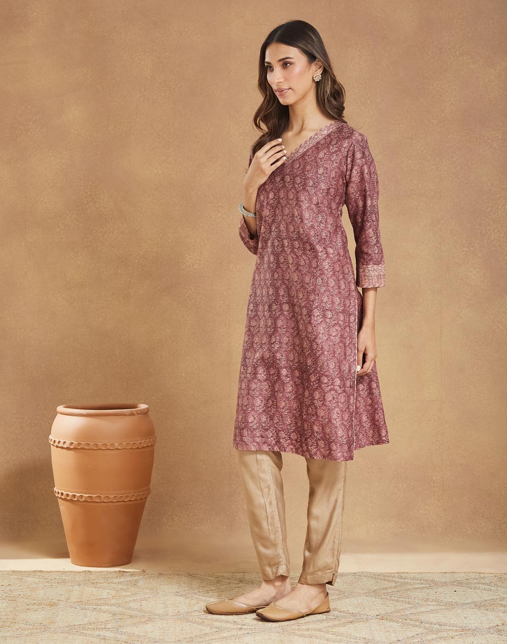 Purple Cotton Silk Hand Block Printed Knee Length Kurta