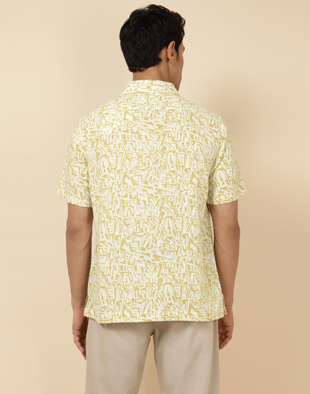 Beige Cotton Hand Block Printed Bush Shirt