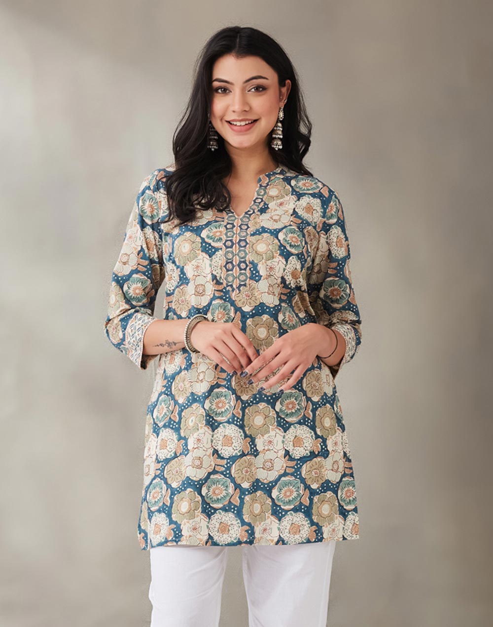 Teal Cotton Hand Block Printed Slim Fit Short Kurta