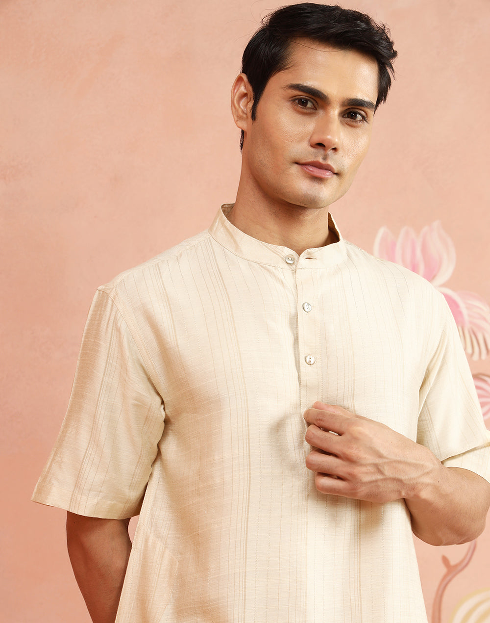 Off-White Viscose Stripe Short Kurta for Men with a soft striped weave