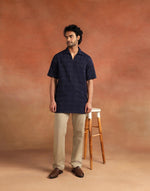 Navy Cotton Dobby Short Kurta