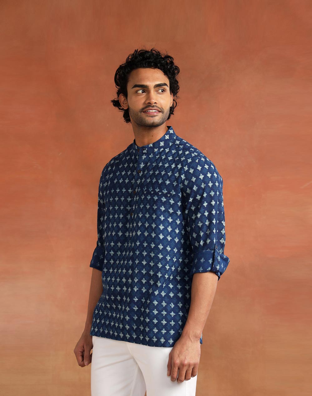 Indigo Cotton Dabu Printed Slim Fit Mid Placket Shirt