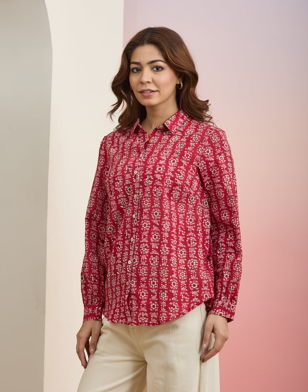 Red Block Print Geometric Shirt with shirt collar and full sleeves