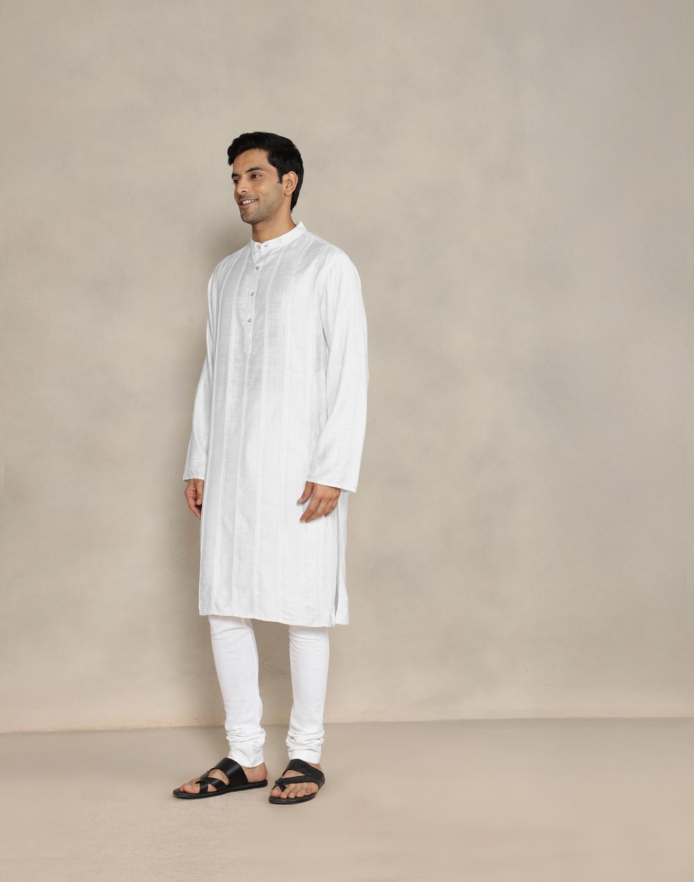 White Viscose Silk Dobby Long Kurta
