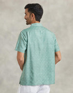 Teal Viscose Silk Hand Block Printed Bush Shirt