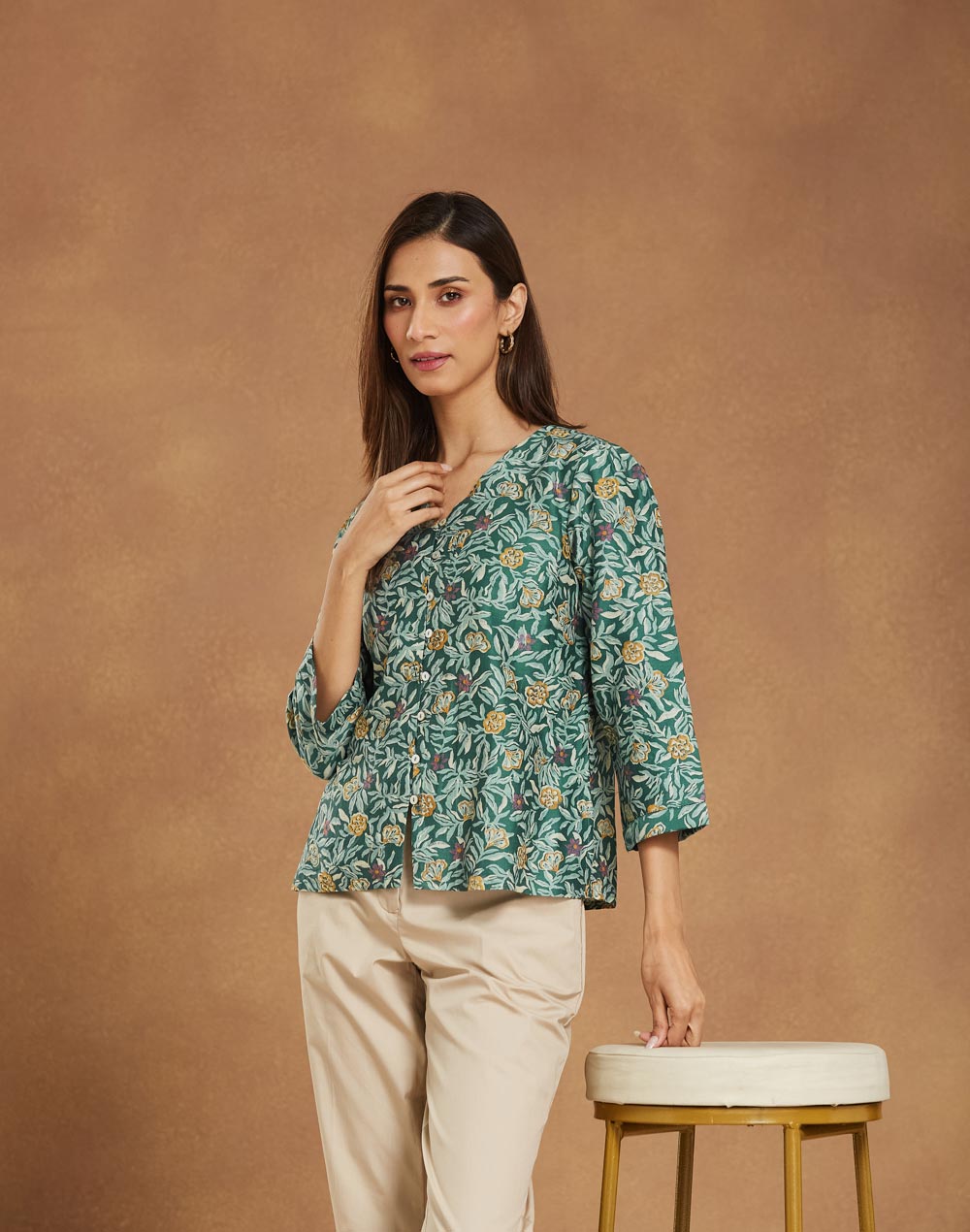 Green Cotton Silk Printed Slim Fit Top