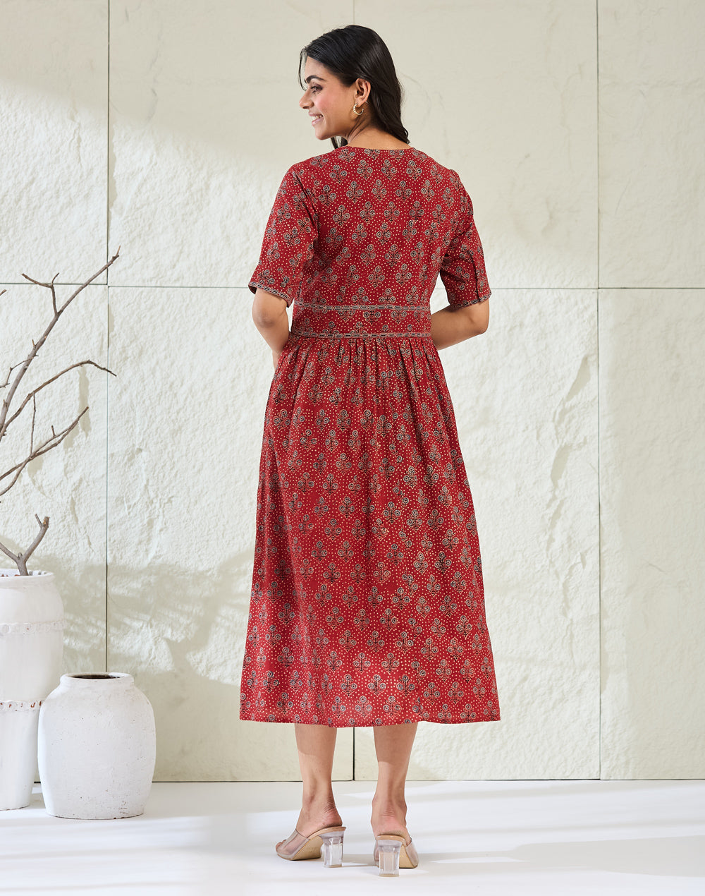 Red Cotton Ajarkh Midi Dress