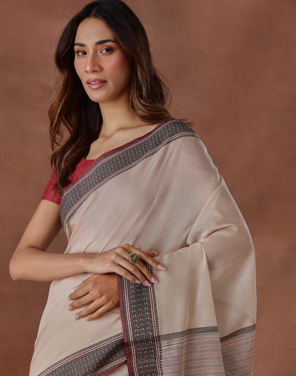 Beige Cotton Silk Blend Woven Wonders Maheshwari Sari
