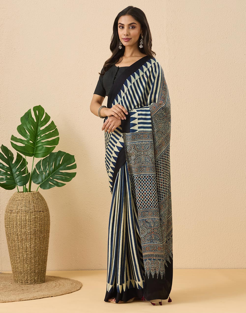 Indigo Viscose Blend Ajrakh Printed Sari