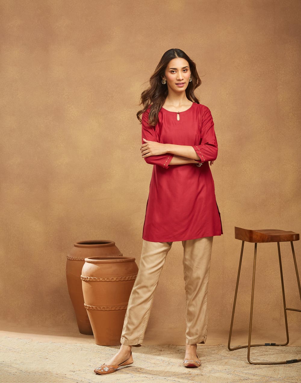 Maroon Viscose Silk Slim Fit Short Kurta